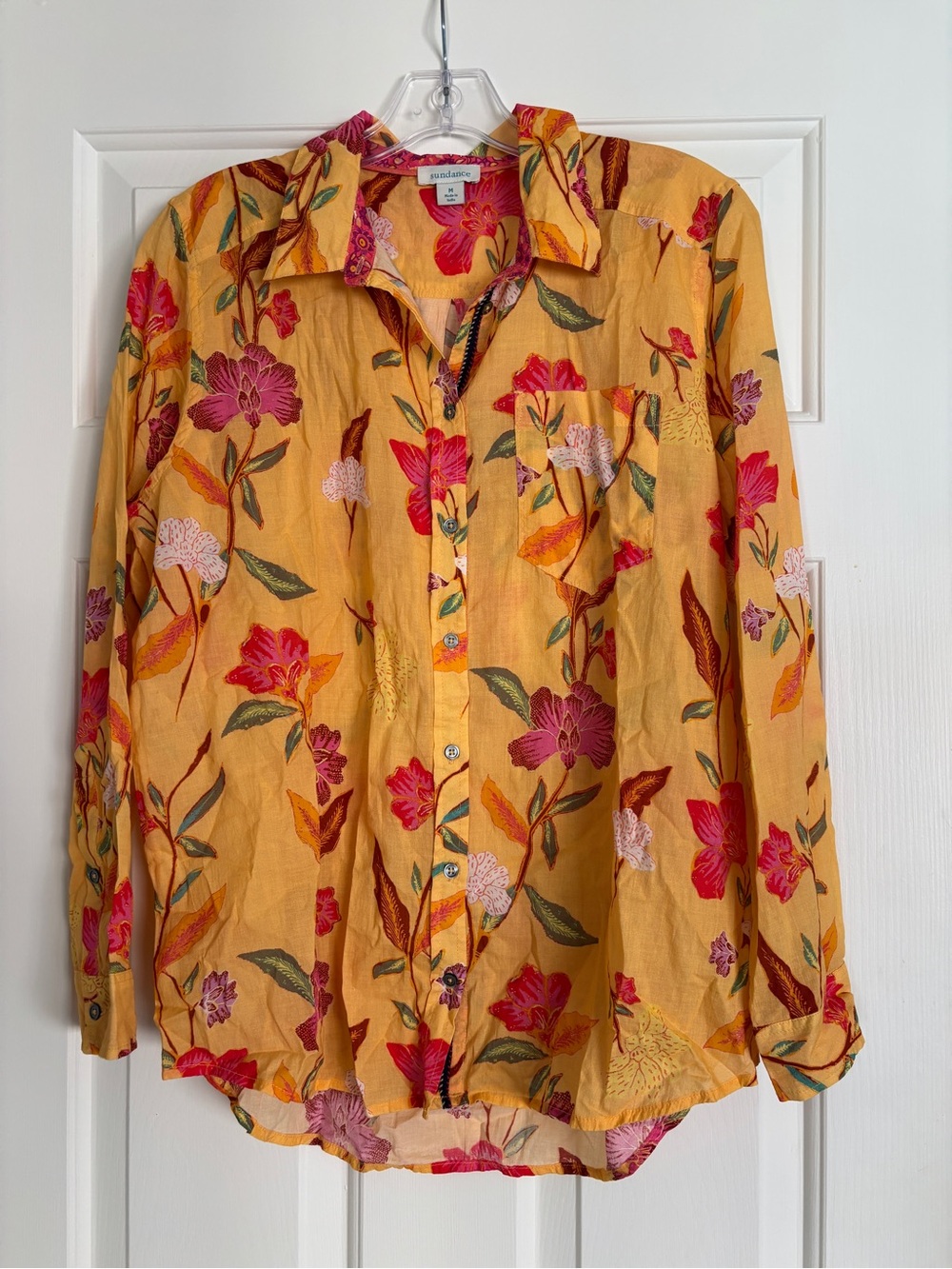 Sundance Yellow Floral Cotton Button Down Shirt Embroidered Trim - Medium
